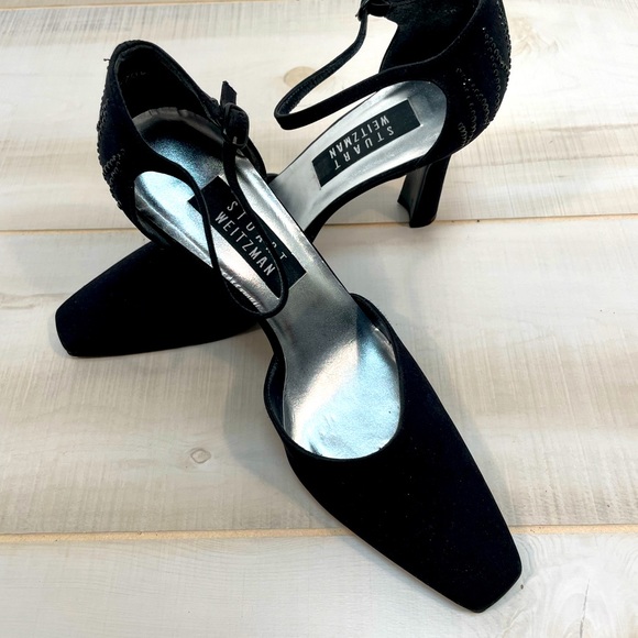 Stuart Weitzman Shoes - NEW Stuart Weitzman Black Beaded Back Heels Ankle Strap 7.5M Leather Sole